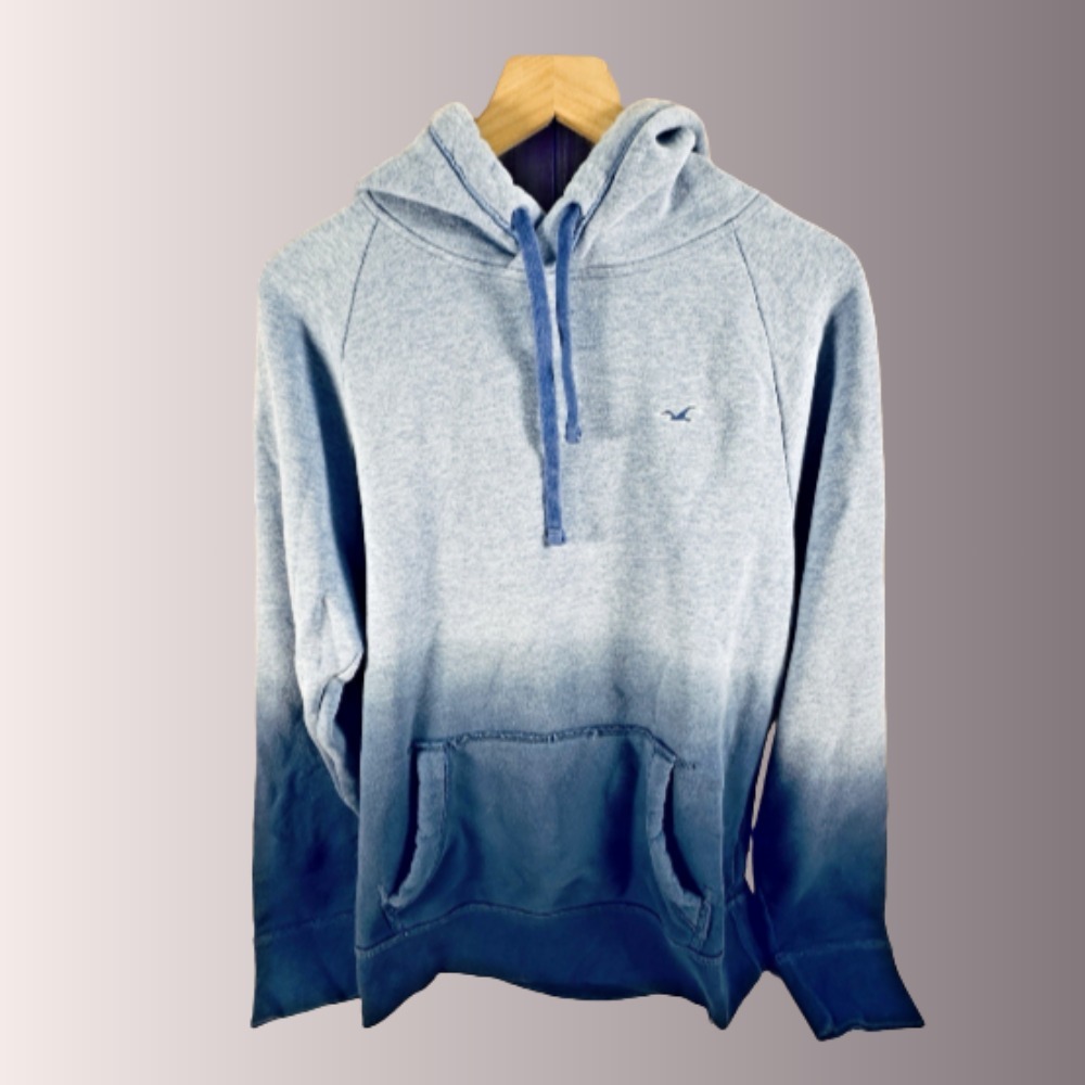 Hollister Men Sweatshirt Blue Faded Hoodie Drawstring Fleece Pullover LARGE